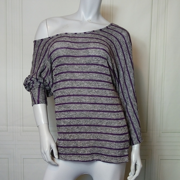 Magic Fit Top Womens Medium Purple Silver Striped Long Sleeve Stretch - Picture 3 of 10